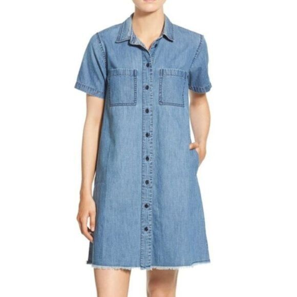 Madewell Chambray Denim Frayed Button Down Dress J5 - Picture 1 of 11